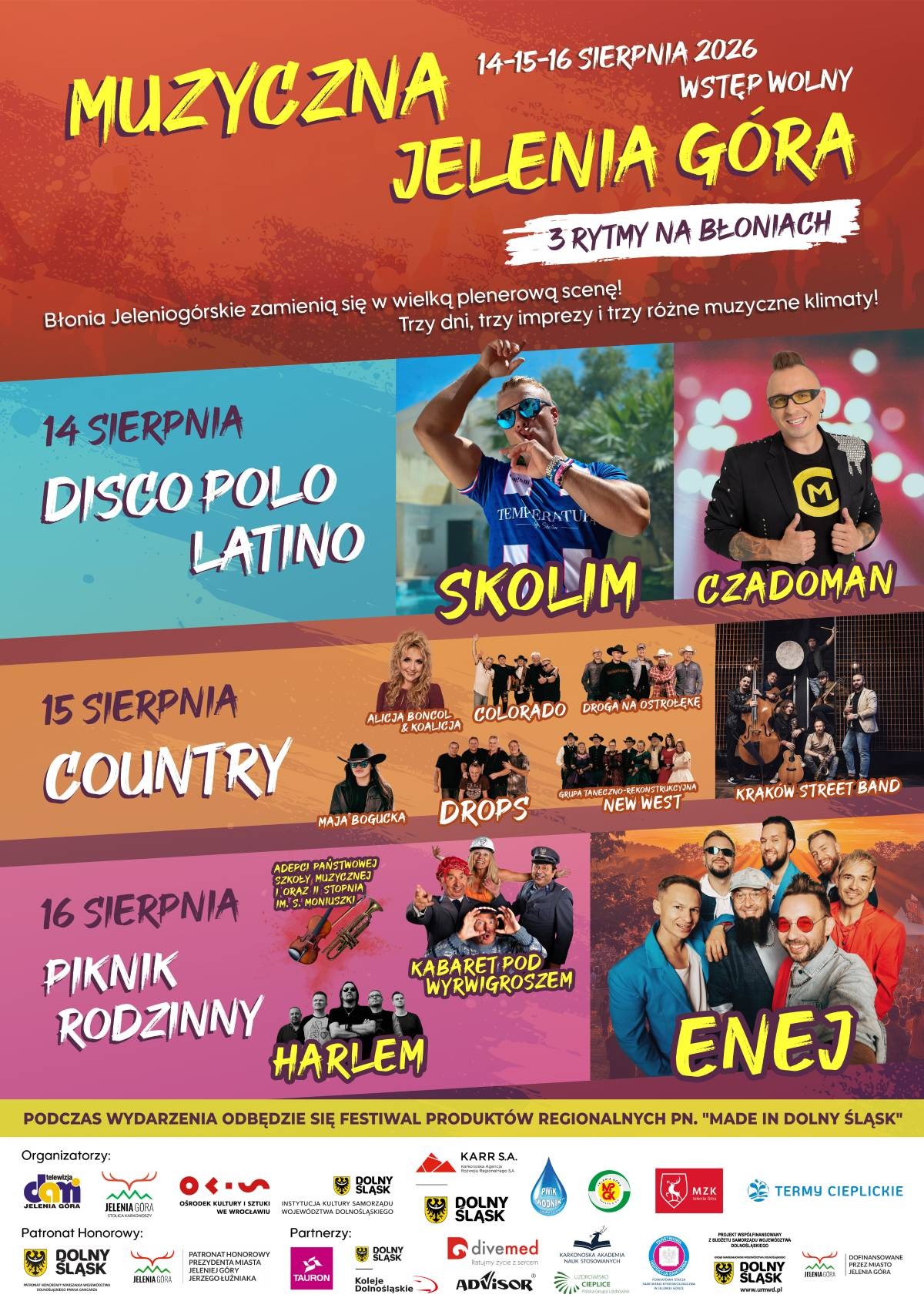 Muzyczna Jelenia Góra – 3 rytmy na Błoniach – Jelenia Góra 2026: wystąpi Enej! Program i godziny koncertów (14 sierpnia)